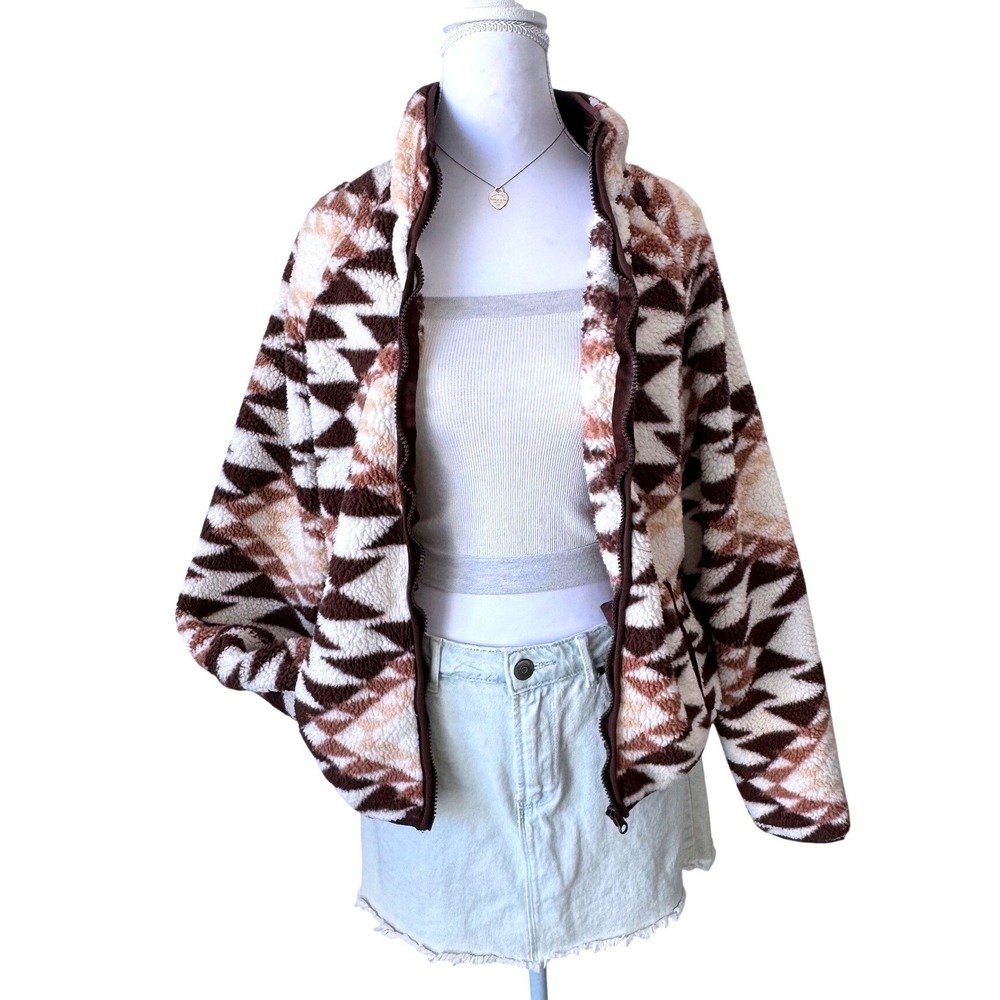 Hurley Sherpa Fleece Jacket Southwestern Geometric Brown Teddy Cream Cozy Size M